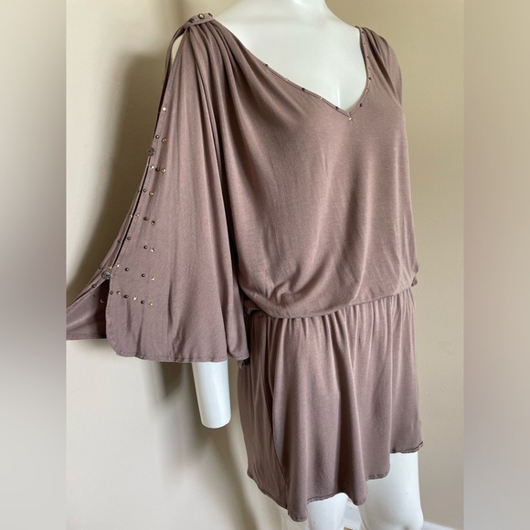 Vintage Y2K Cache Tunic Mini Dress Cold Shoulder Honey Beige Size Medium - Picture 2 of 15